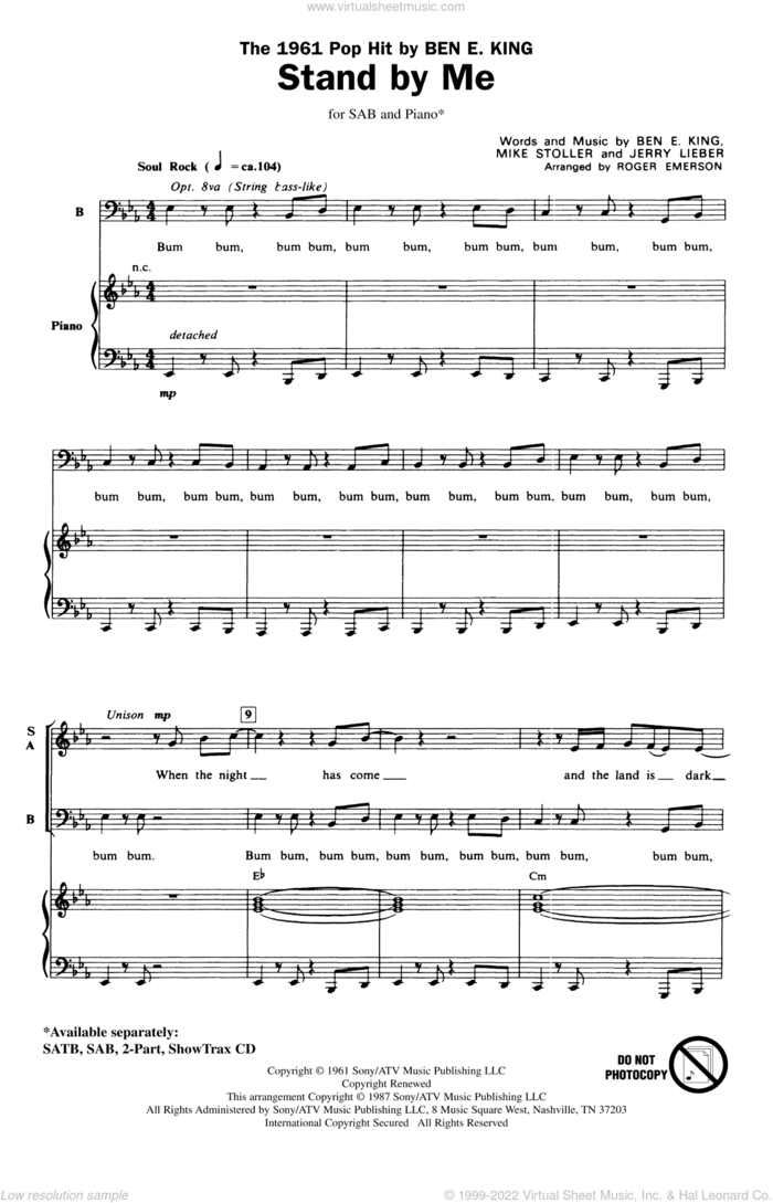 Stand By Me (arr. Roger Emerson) sheet music for choir (SAB: soprano, alto, bass) by Mike Stoller, Ben E. King, Jerry Leiber and Roger Emerson, intermediate skill level