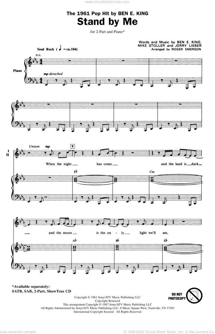 Stand By Me sheet music for choir (2-Part) by Mike Stoller, Ben E. King, Jerry Leiber and Roger Emerson, intermediate duet