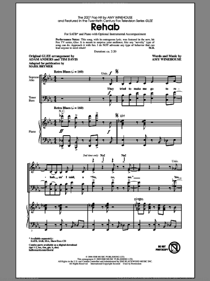 Rehab sheet music for choir (SATB: soprano, alto, tenor, bass) by Amy Winehouse, Adam Anders, Glee Cast, Mark Brymer, Miscellaneous and Tim Davis, intermediate skill level