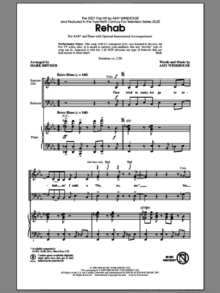 Rehab sheet music for choir (SAB: soprano, alto, bass) by Amy Winehouse, Adam Anders, Glee Cast, Mark Brymer, Miscellaneous and Tim Davis, intermediate skill level