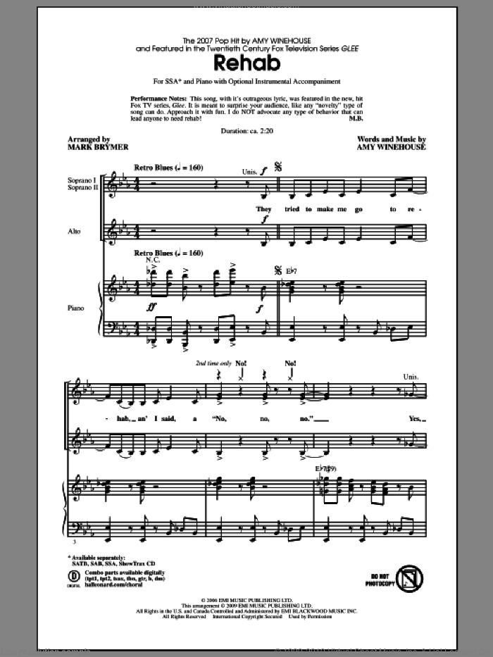 Rehab sheet music for choir (SSA: soprano, alto) by Amy Winehouse, Adam Anders, Glee Cast, Mark Brymer, Miscellaneous and Tim Davis, intermediate skill level