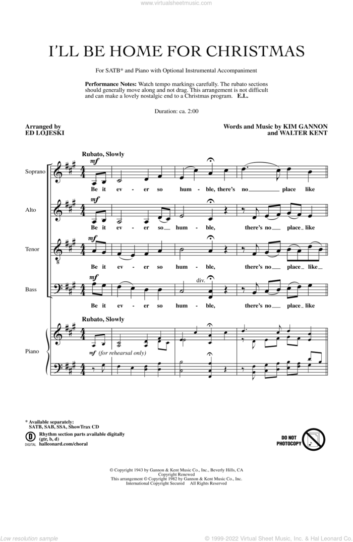 I'll Be Home For Christmas sheet music for choir (SATB: soprano, alto, tenor, bass) by Kim Gannon, Walter Kent and Ed Lojeski, intermediate skill level