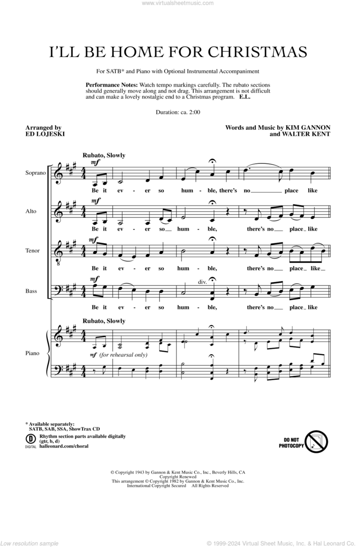 I'll Be Home For Christmas sheet music for choir (SATB: soprano, alto, tenor, bass) by Kim Gannon, Walter Kent and Ed Lojeski, intermediate skill level