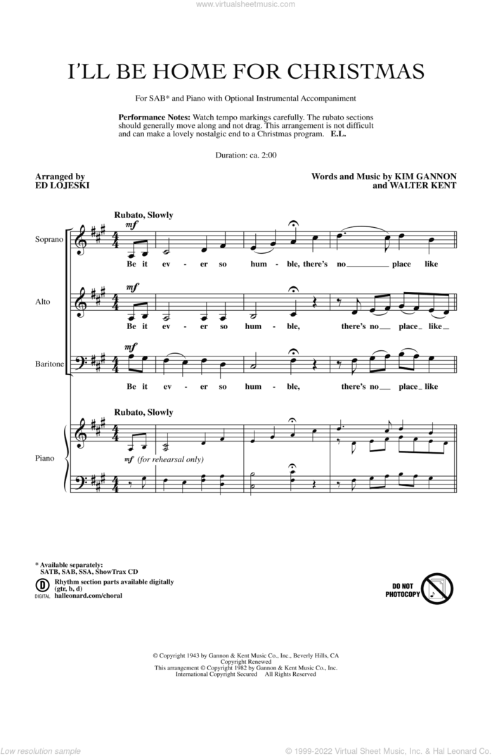 I'll Be Home For Christmas sheet music for choir (SAB: soprano, alto, bass) by Kim Gannon, Walter Kent and Ed Lojeski, intermediate skill level