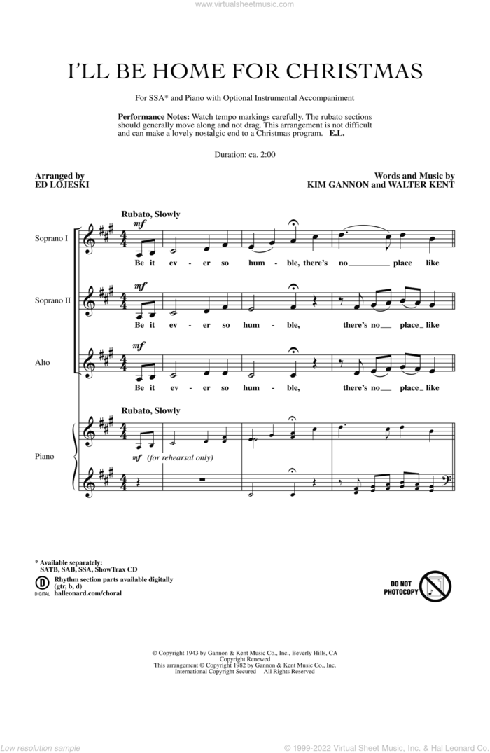 I'll Be Home For Christmas sheet music for choir (SSA: soprano, alto) by Kim Gannon, Walter Kent and Ed Lojeski, intermediate skill level