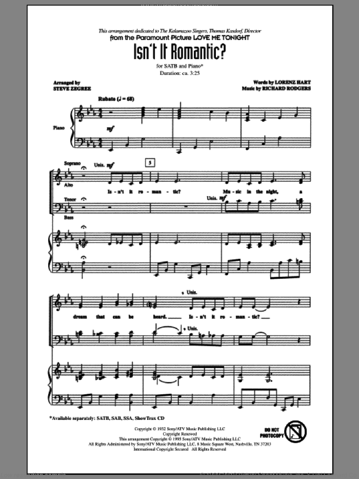 Isn't It Romantic? sheet music for choir (SATB: soprano, alto, tenor, bass) by Richard Rodgers, Lorenz Hart and Steve Zegree, intermediate skill level