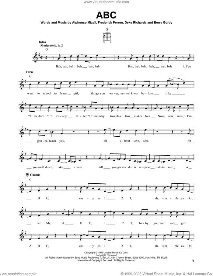 ABC sheet music for guitar solo (chords) by The Jackson 5, Alphonso Mizell, Berry Gordy, Deke Richards and Frederick Perren, easy guitar (chords)
