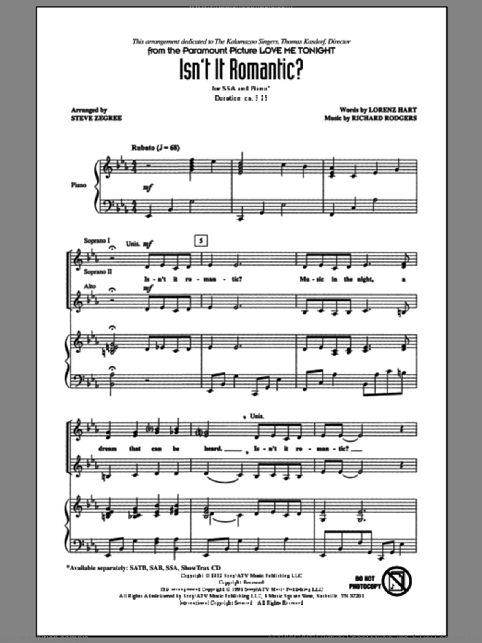 Isn't It Romantic? sheet music for choir (SSA: soprano, alto) by Richard Rodgers, Lorenz Hart and Steve Zegree, intermediate skill level