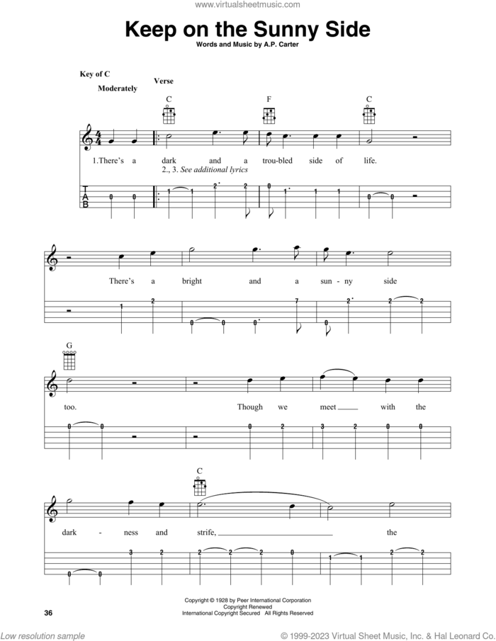 Keep On The Sunny Side sheet music for banjo solo by The Carter Family, Fred Sokolow and A.P. Carter, intermediate skill level