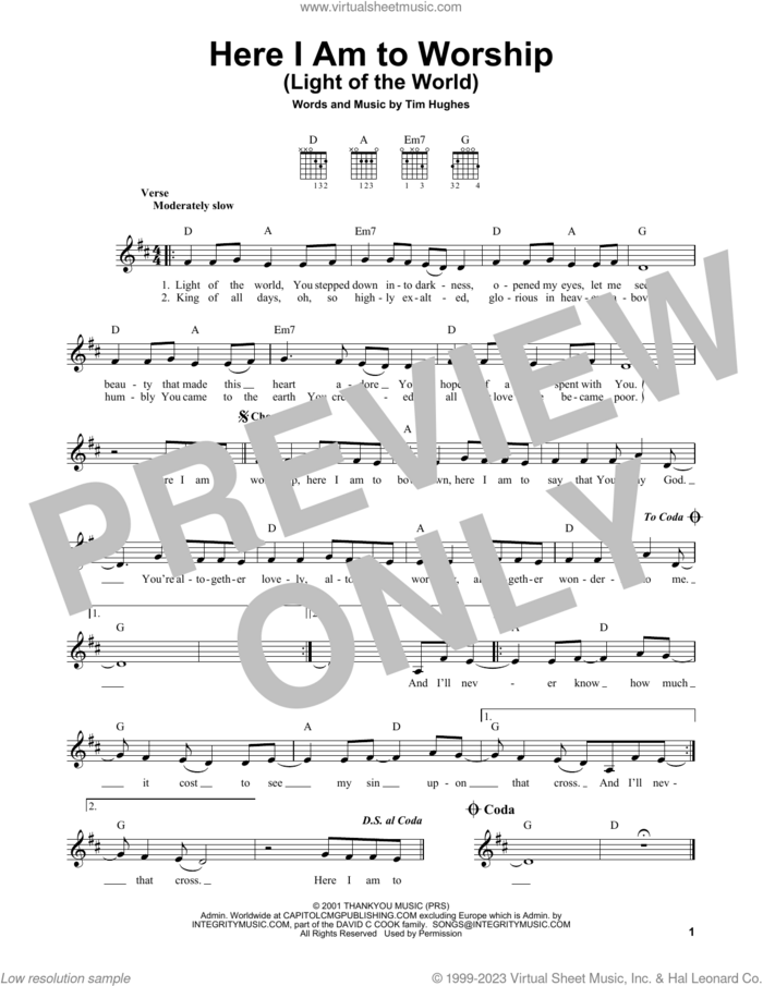 Here I Am To Worship (Light Of The World) sheet music for guitar solo (chords) by Phillips, Craig & Dean and Tim Hughes, easy guitar (chords)