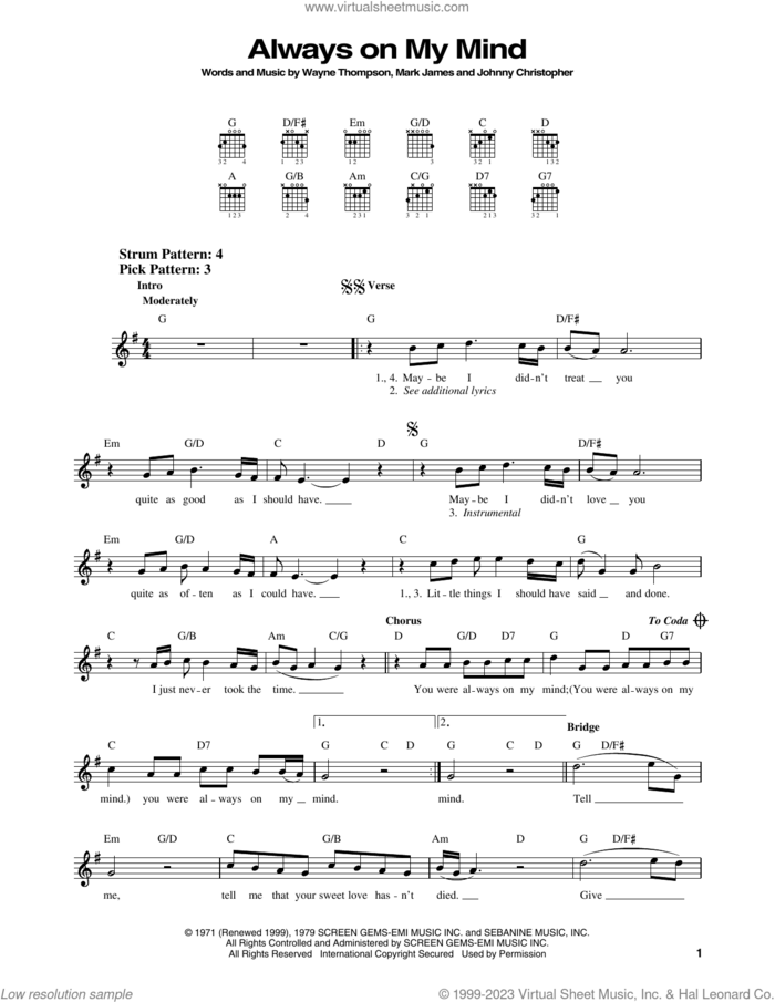 Always On My Mind sheet music for guitar solo (chords) by Elvis Presley, Willie Nelson, Johnny Christopher, Mark James and Wayne Thompson, easy guitar (chords)