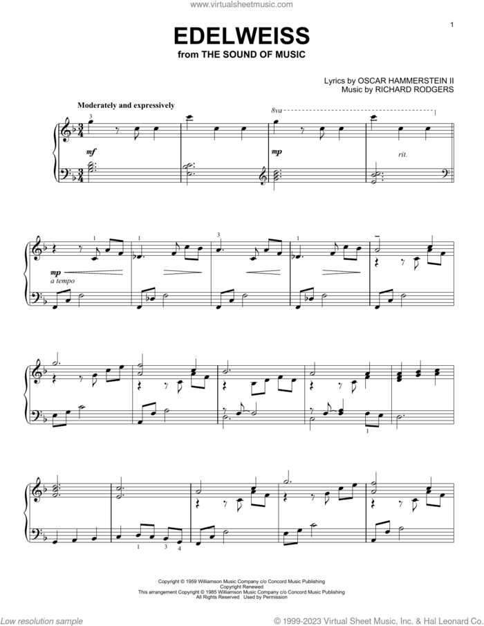 Edelweiss (from The Sound Of Music) sheet music for piano solo by Richard Rodgers, Oscar II Hammerstein and Rodgers & Hammerstein, intermediate skill level