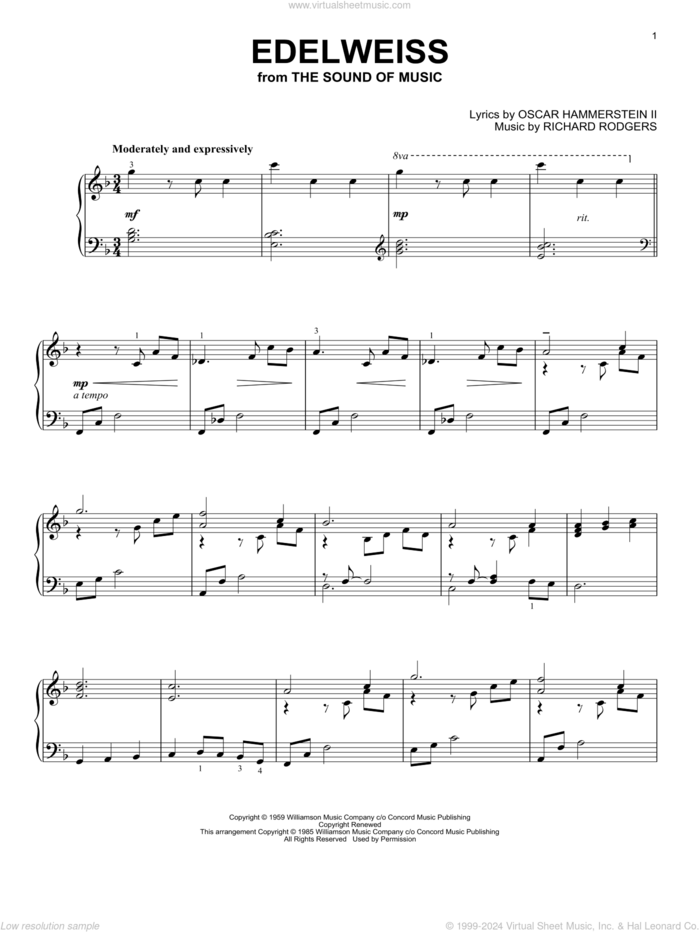 Edelweiss (from The Sound Of Music) sheet music for piano solo by Richard Rodgers, Oscar II Hammerstein and Rodgers & Hammerstein, intermediate skill level