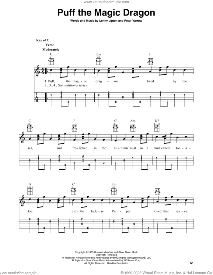 Puff The Magic Dragon (arr. Fred Sokolow) sheet music for banjo solo by Peter, Paul & Mary, Fred Sokolow, Lenny Lipton and Peter Yarrow, intermediate skill level