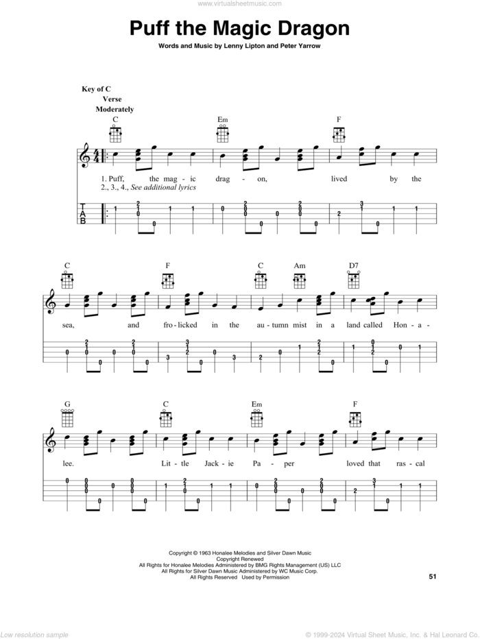 Puff The Magic Dragon (arr. Fred Sokolow) sheet music for banjo solo by Peter, Paul & Mary, Fred Sokolow, Lenny Lipton and Peter Yarrow, intermediate skill level