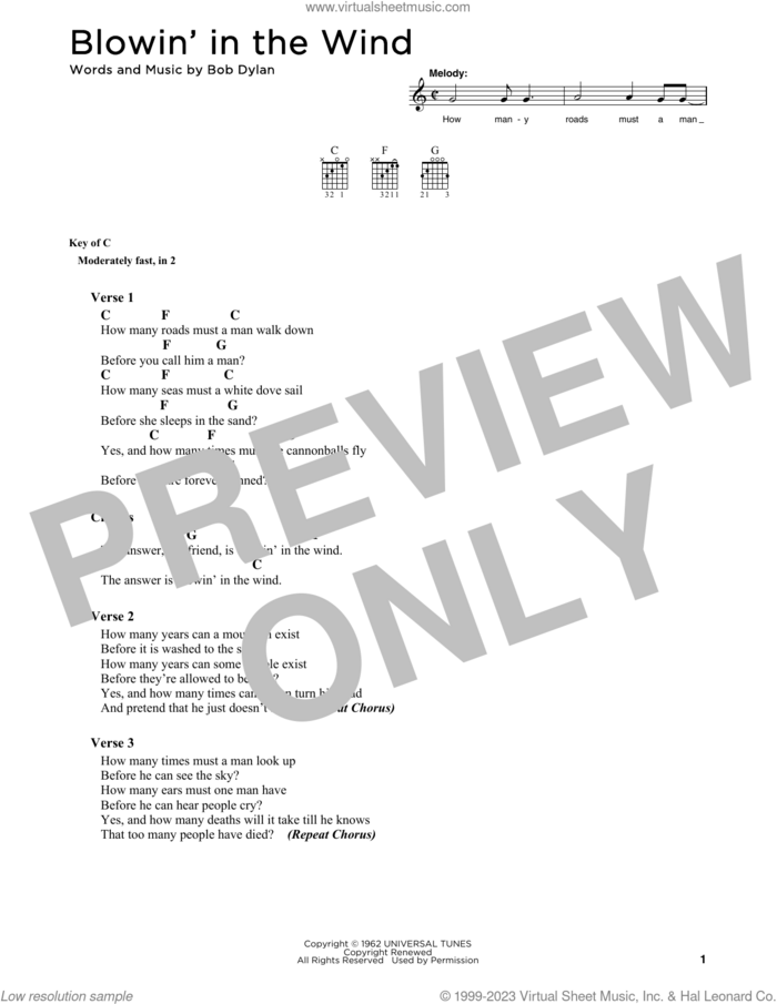 Blowin' In The Wind sheet music for guitar solo by Bob Dylan, intermediate skill level