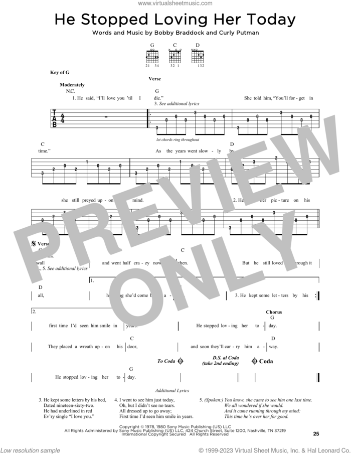 He Stopped Loving Her Today sheet music for guitar solo by George Jones, Bobby Braddock and Curly Putman, intermediate skill level