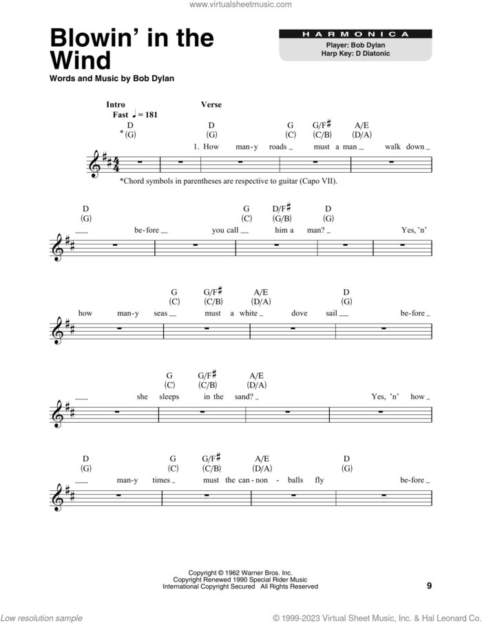 Blowin' In The Wind sheet music for harmonica solo by Bob Dylan, intermediate skill level
