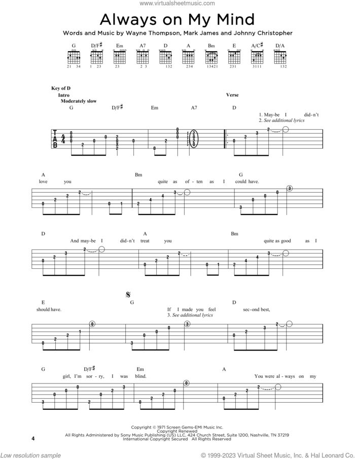 Always On My Mind sheet music for guitar solo by Willie Nelson, Johnny Christopher, Mark James and Wayne Thompson, intermediate skill level