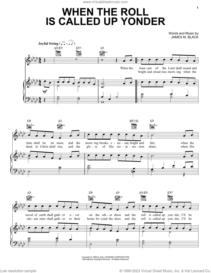 When The Roll Is Called Up Yonder sheet music for voice, piano or guitar by James M. Black, intermediate skill level