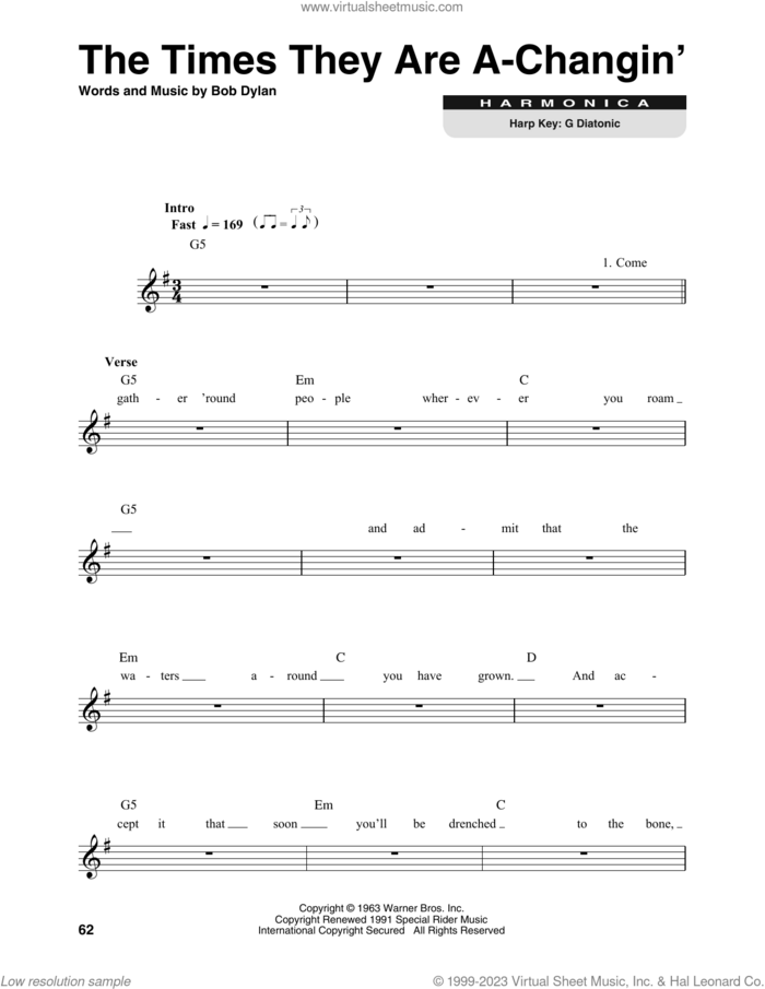 The Times They Are A-Changin' sheet music for harmonica solo by Bob Dylan and Peter, Paul & Mary, intermediate skill level