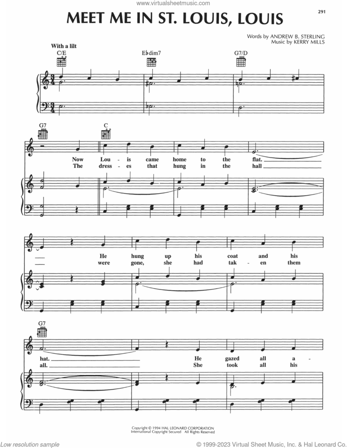 Meet Me In St. Louis, Louis sheet music for voice, piano or guitar by Andrew B. Sterling and Kerry Mills, intermediate skill level