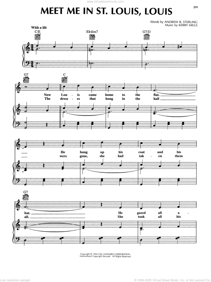 Meet Me In St. Louis, Louis sheet music for voice, piano or guitar by Andrew B. Sterling and Kerry Mills, intermediate skill level