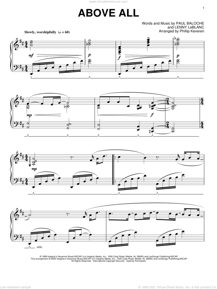 Above All (arr. Phillip Keveren) sheet music for piano solo by Paul Baloche, Phillip Keveren and Lenny LeBlanc, intermediate skill level