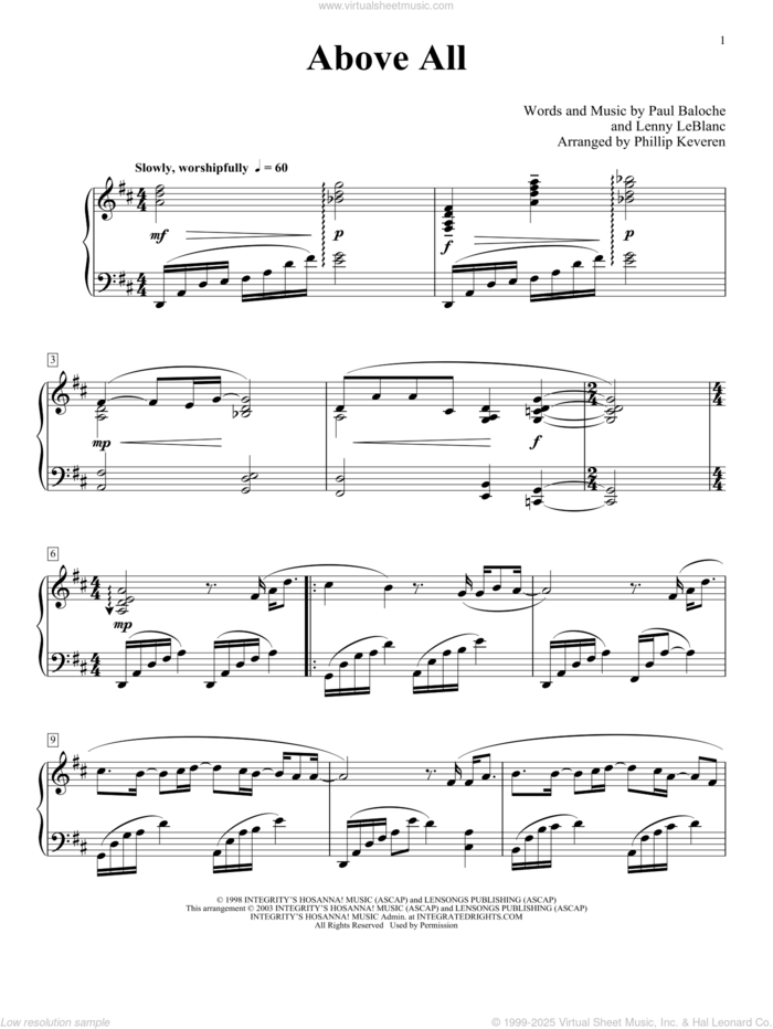 Above All (arr. Phillip Keveren) sheet music for piano solo by Paul Baloche, Phillip Keveren and Lenny LeBlanc, intermediate skill level