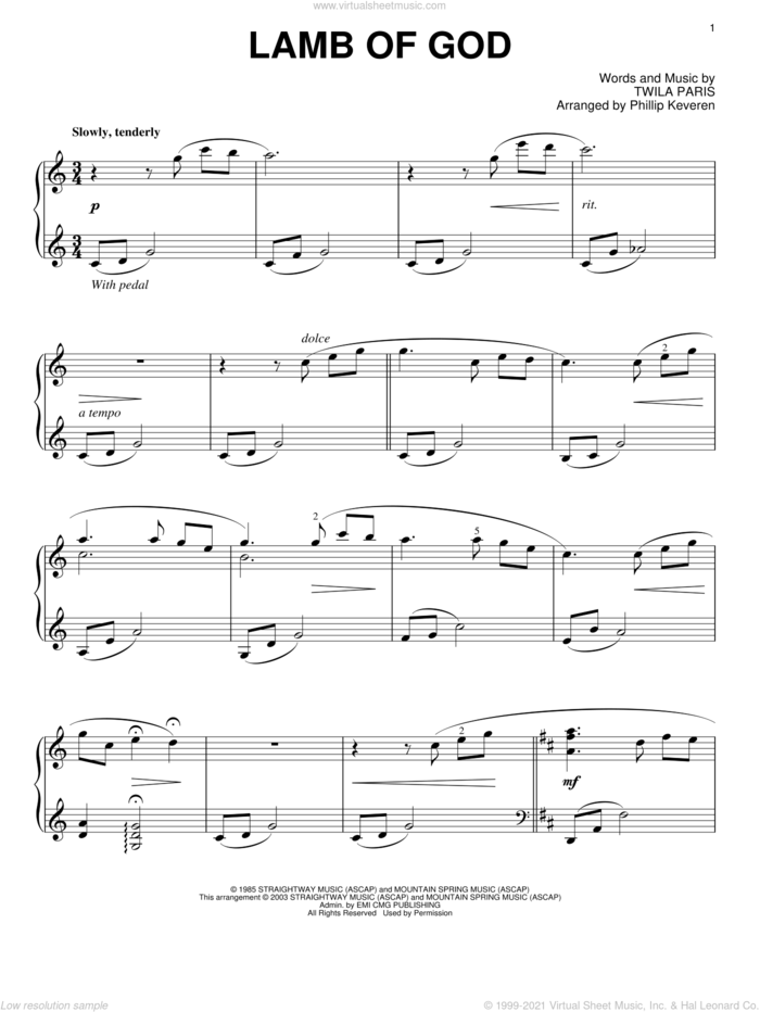 Lamb Of God (arr. Phillip Keveren) sheet music for piano solo by Twila Paris and Phillip Keveren, intermediate skill level