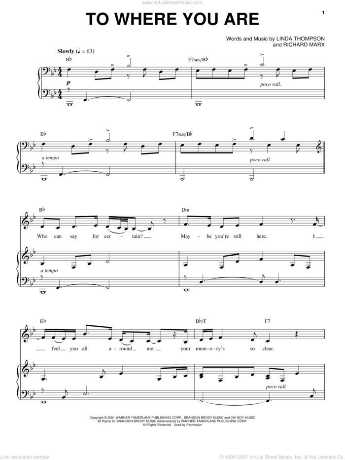 To Where You Are sheet music for voice, piano or guitar by Josh Groban, Linda Thompson and Richard Marx, intermediate skill level