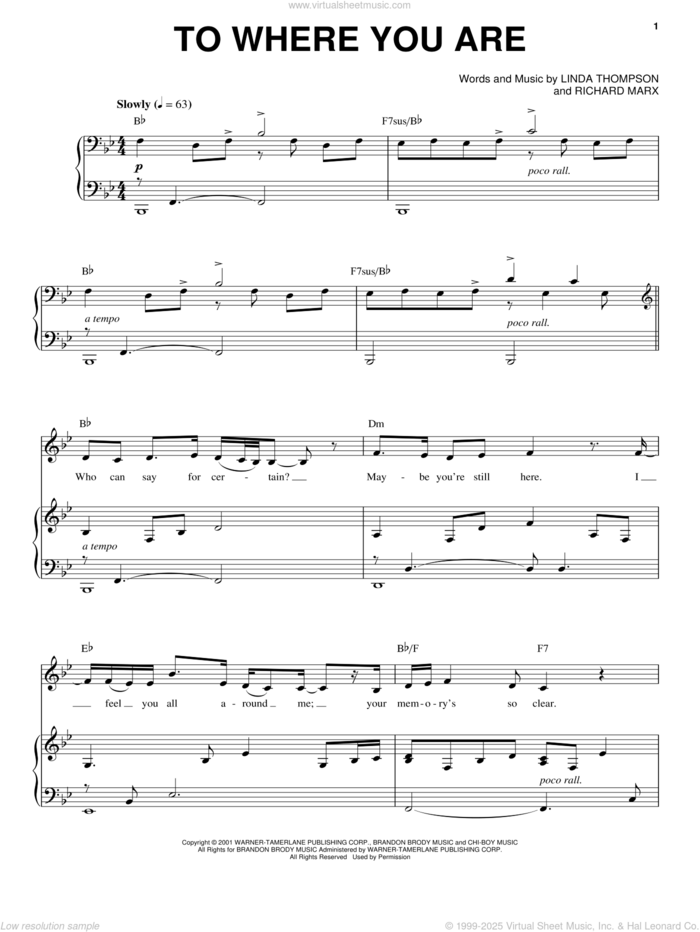 To Where You Are sheet music for voice, piano or guitar by Josh Groban, Linda Thompson and Richard Marx, intermediate skill level