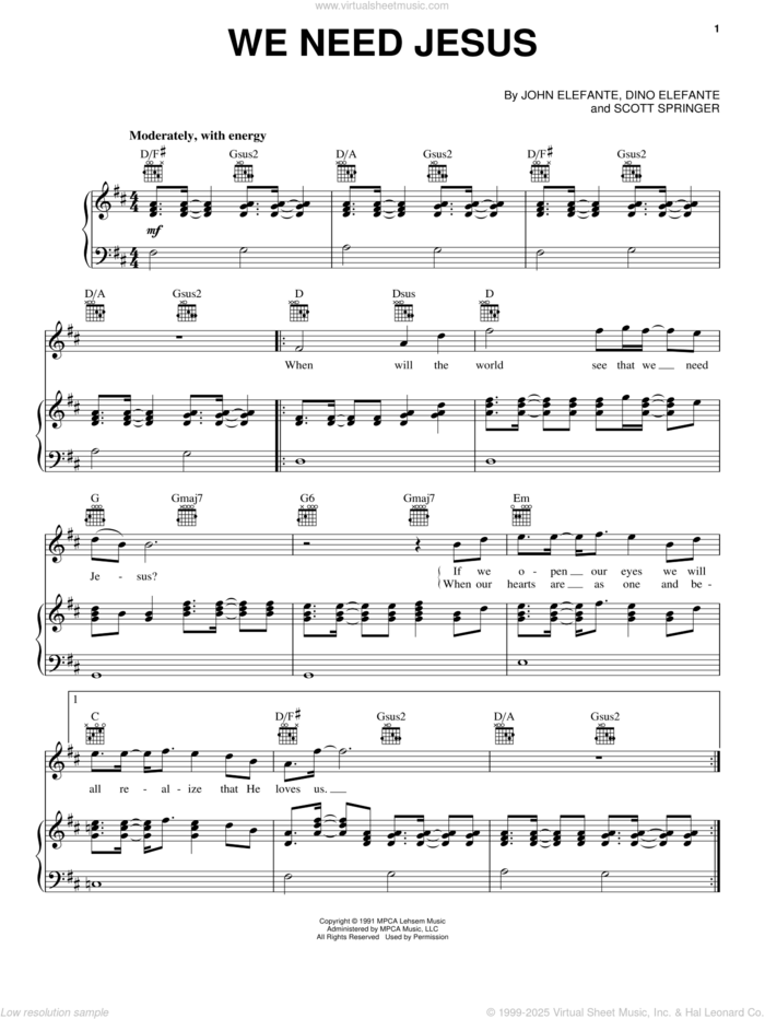 We Need Jesus sheet music for voice, piano or guitar by Petra, Dino Elefante, John Elefante and Scott Springer, intermediate skill level