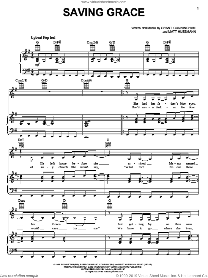 Saving Grace sheet music for voice, piano or guitar by Point Of Grace, Grant Cunningham and Matt Huesmann, intermediate skill level