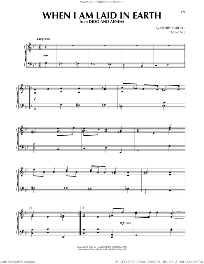 When I Am Laid In Earth (from Dido and Aeneas) sheet music for piano solo by Henry Purcell, classical score, intermediate skill level