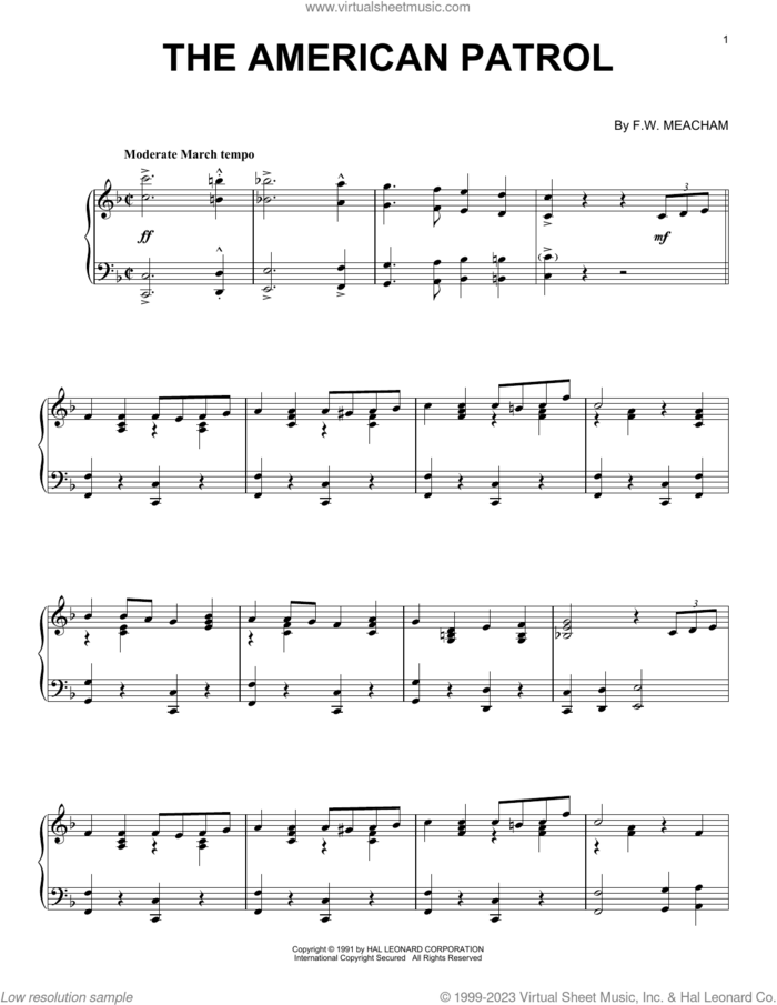 The American Patrol sheet music for piano solo by F.W. Meacham, intermediate skill level