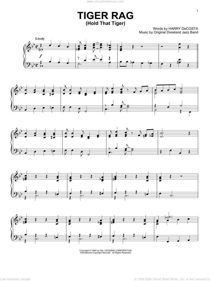 Tiger Rag (Hold That Tiger) sheet music for piano solo by Original Dixieland Jazz Band and Harry DeCosta, intermediate skill level