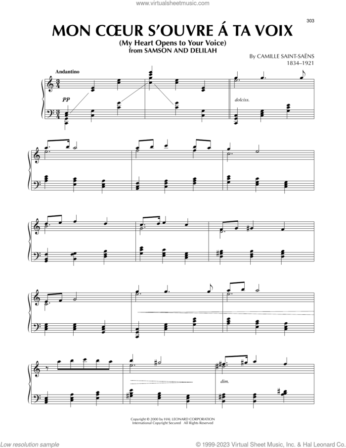 Mon Coeur S'Ouvre A Ta Voix sheet music for piano solo by Camille Saint-Saens, classical score, intermediate skill level