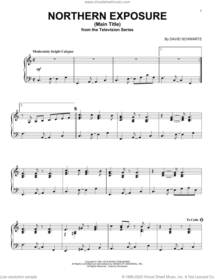 Northern Exposure (Main Title) sheet music for piano solo by David Schwartz, intermediate skill level