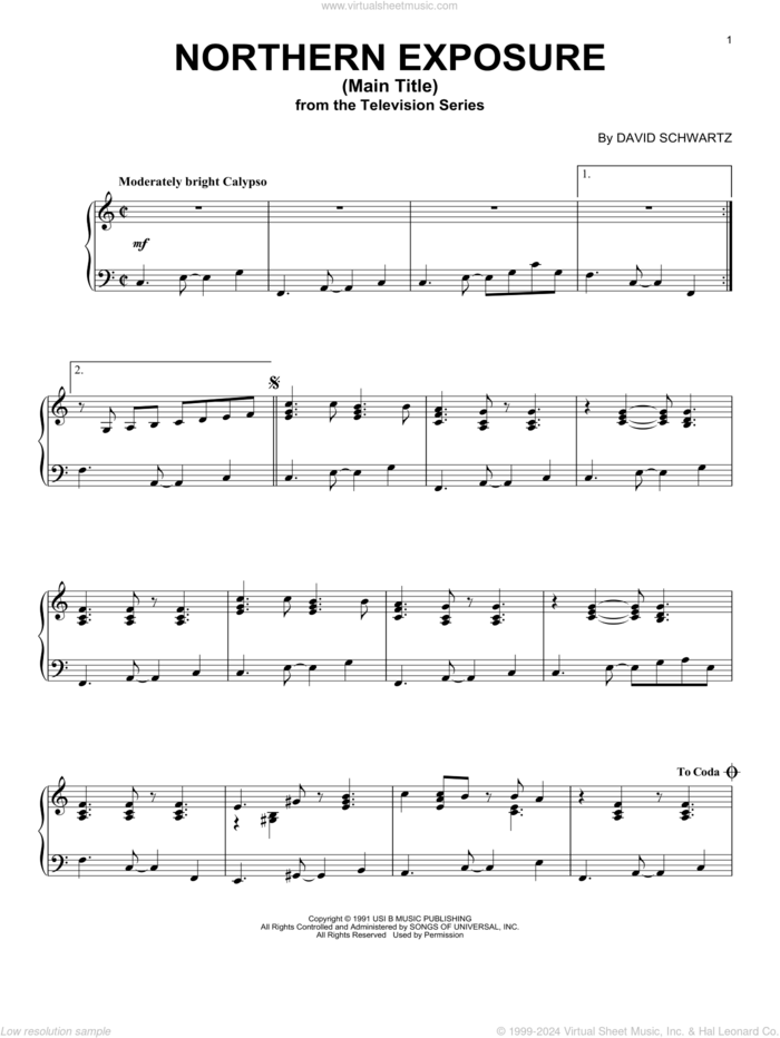 Northern Exposure (Main Title) sheet music for piano solo by David Schwartz, intermediate skill level