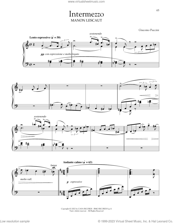 Intermezzo sheet music for piano solo by Giacomo Puccini, classical score, intermediate skill level