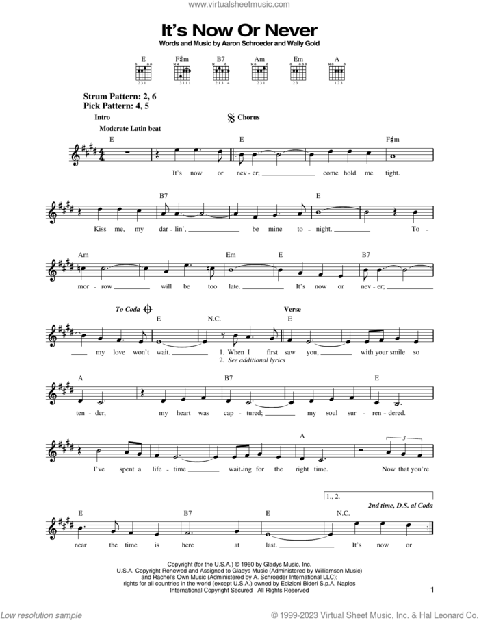 It's Now Or Never sheet music for guitar solo (chords) by Elvis Presley, John Schneider, Aaron Schroeder and Wally Gold, easy guitar (chords)