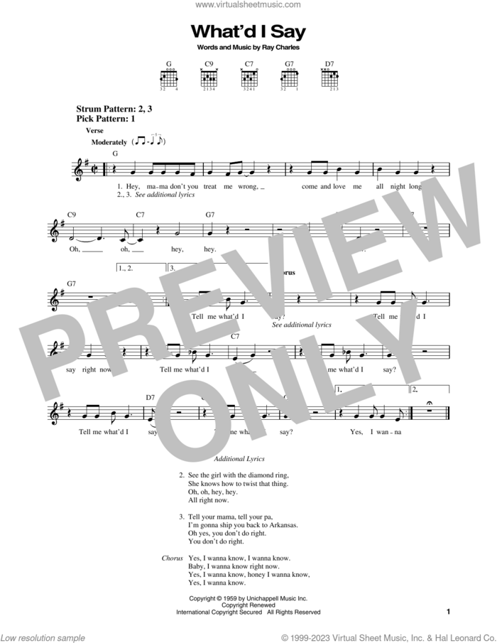What'd I Say sheet music for guitar solo (chords) by Elvis Presley and Ray Charles, easy guitar (chords)