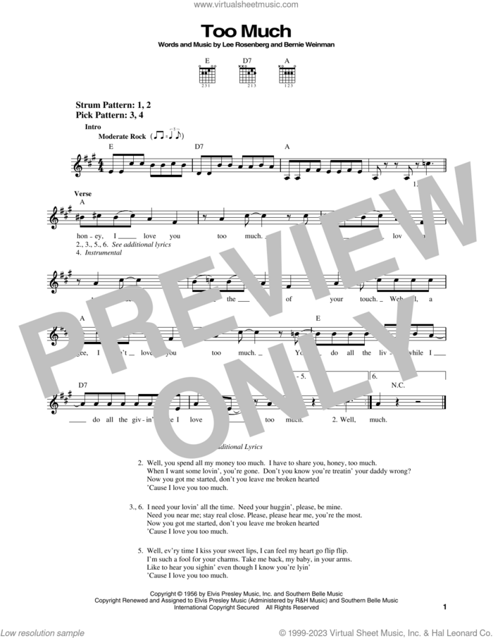 Too Much sheet music for guitar solo (chords) by Elvis Presley, Bernard Weinman and Lee Rosenberg, easy guitar (chords)