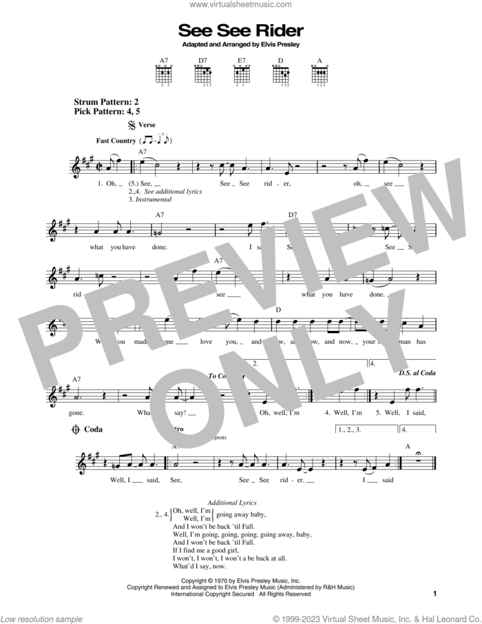 C.C. Rider sheet music for guitar solo (chords) by Elvis Presley, easy guitar (chords)