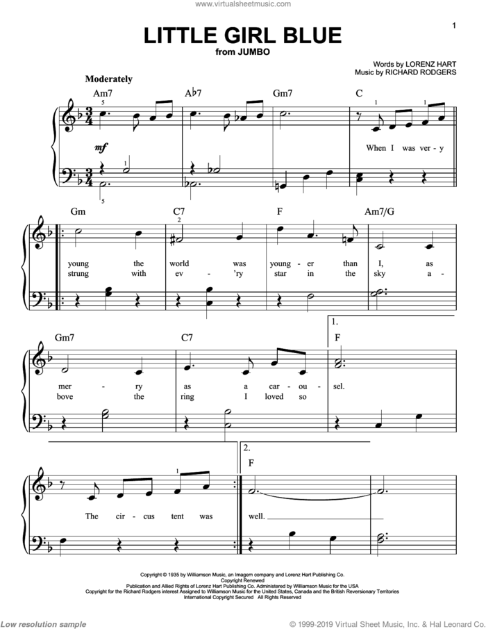 Little Girl Blue sheet music for piano solo by Rodgers & Hart, Lorenz Hart and Richard Rodgers, easy skill level