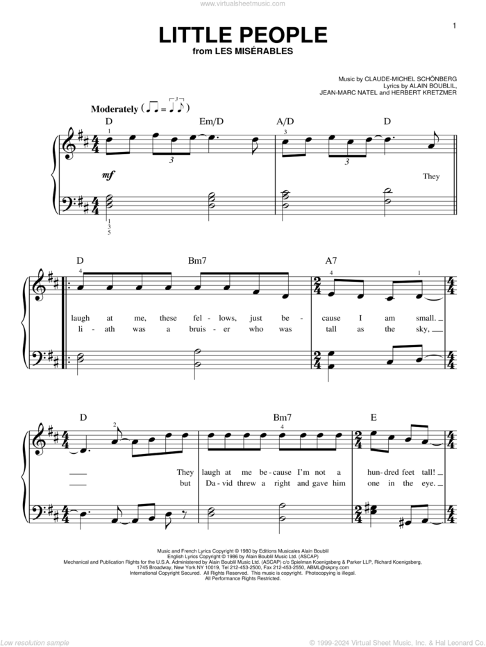 Little People sheet music for piano solo by Alain Boublil, Les Miserables (Musical), Claude-Michel Schonberg, Herbert Kretzmer and Jean-Marc Natel, beginner skill level