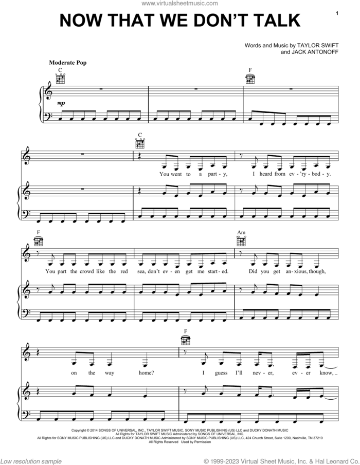 Now That We Don't Talk (Taylor's Version) (From The Vault) sheet music for voice, piano or guitar by Taylor Swift and Jack Antonoff, intermediate skill level