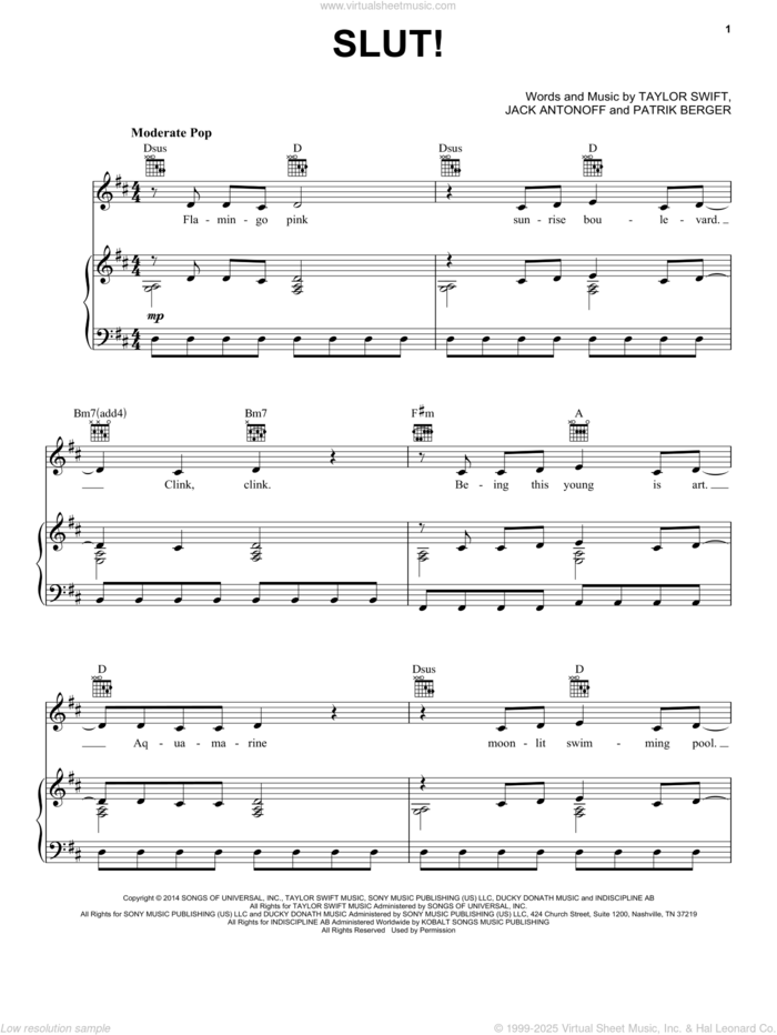 Slut! (Taylor's Version) (From The Vault) sheet music for voice, piano or guitar by Taylor Swift, Jack Antonoff and Patrik Berger, intermediate skill level