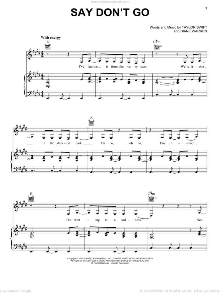 Say Don't Go (Taylor's Version) (From The Vault) sheet music for voice, piano or guitar by Taylor Swift and Diane Warren, intermediate skill level